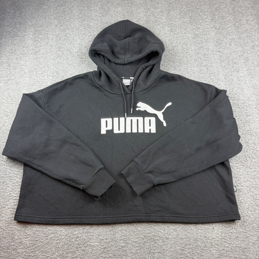 Puma Hoodie Women's Large Black Silver Big Logo Cropped Pullover Sweatshirt